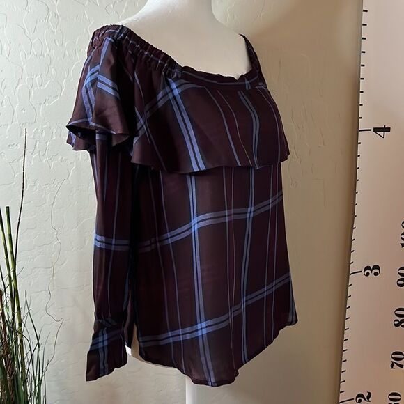 𝅺loft plaid brown and blue off shoulder top extra small petite draped collar - Picture 4 of 8